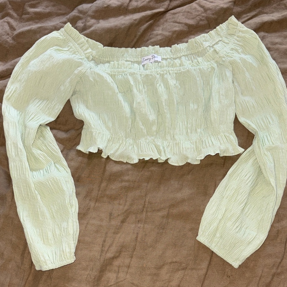 emory park Light Green Smocked Off-Shoulder Long Sleeve Crop Top